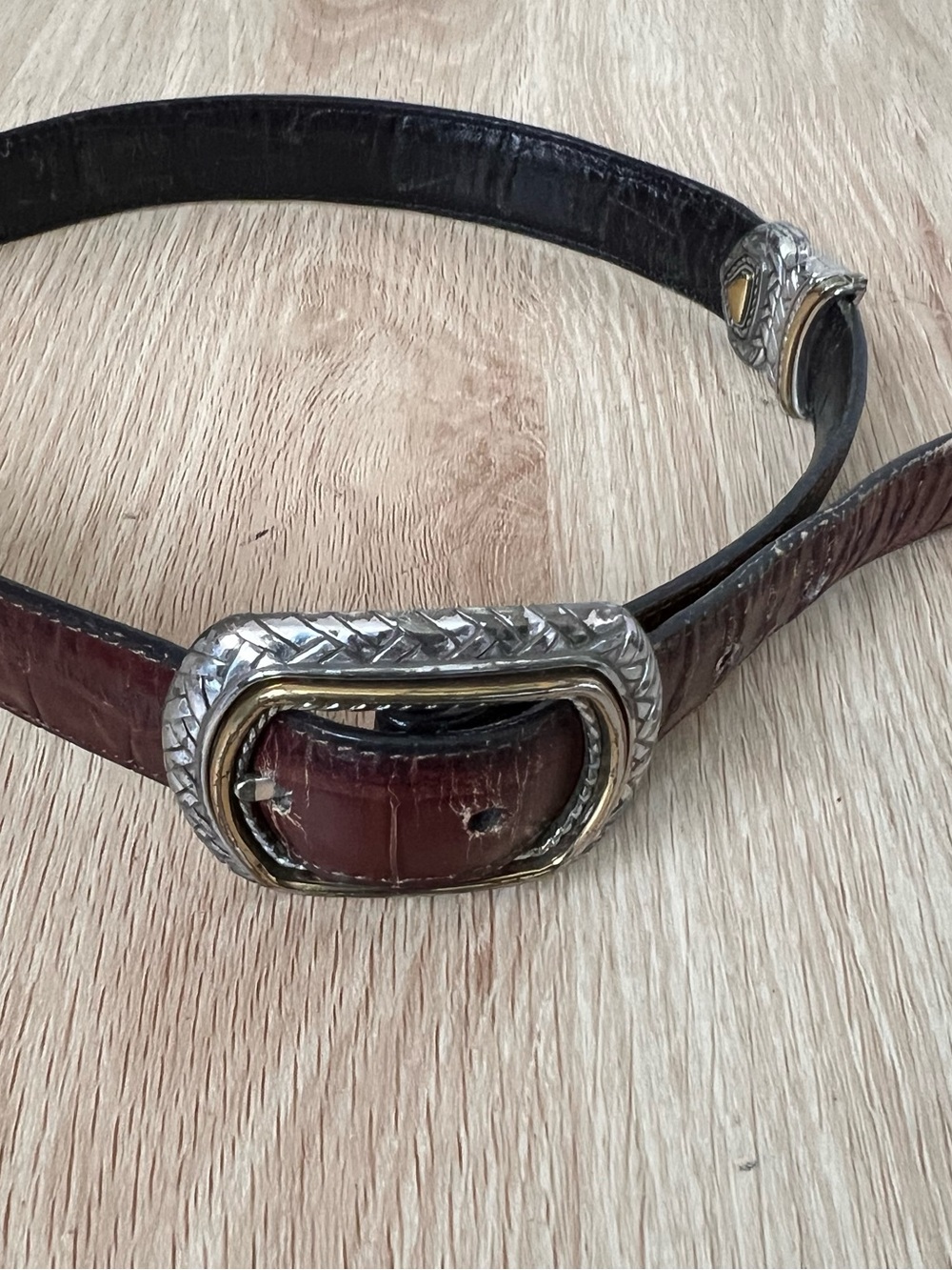 Brighton Marcus Reversible Belt Women’s Black Brown Two Tone Leather Silver Gold